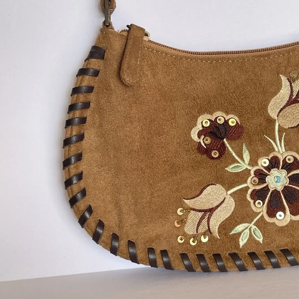Women Sewn Edges Handbag Suede leather Brown Embroidery